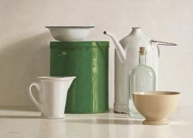 Green tin box, bottle, 2 jugs and 2 bowl #IG 7327 Green tin box, bottle, 2 jugs and 2 bowl #IG 7327