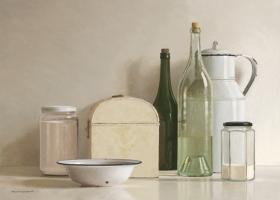 2 jars, 2 bottles, jug, tin box and bowl #IG 7329 2 jars, 2 bottles, jug, tin box and bowl #IG 7329
